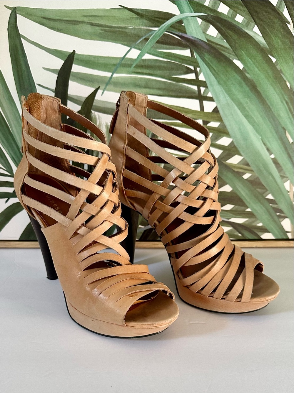 Chinese Laundry Tan Strappy Cage High-Heel Sandals